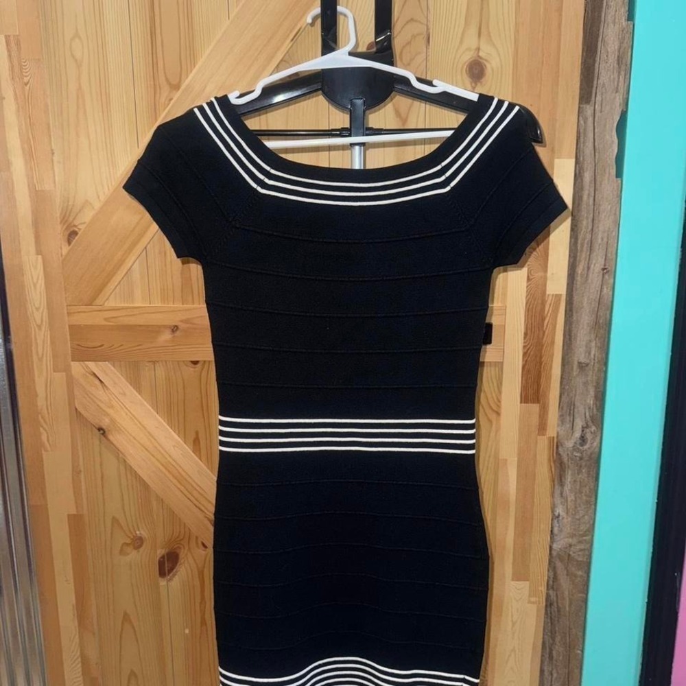 Max Studio Womens Black White Striped Bodycon‎ Bandage Knit Mini Dress XS